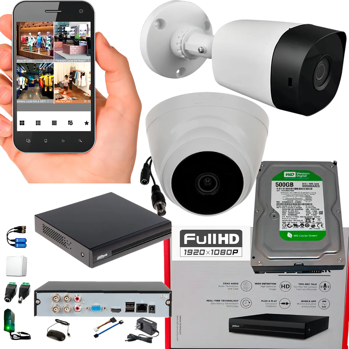 Kit Cámaras Dahua Dvr 4 Ch + 2 Cám 1080p + Disco Duro 500gb