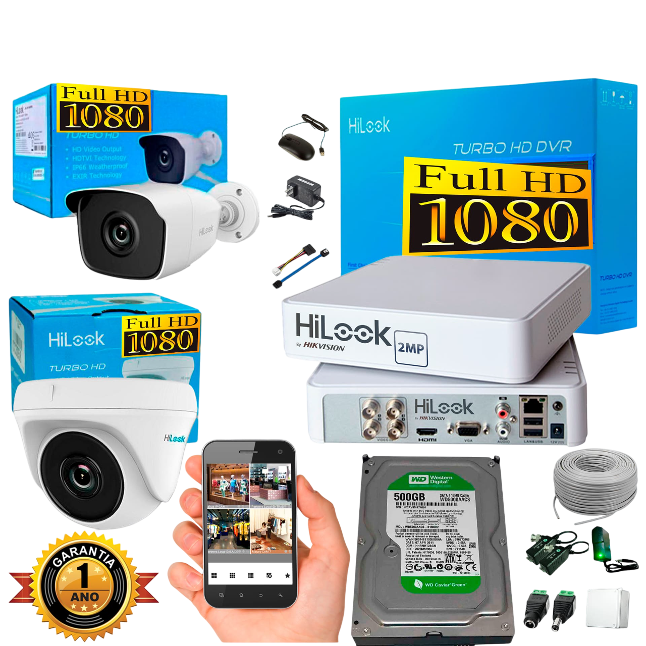 Kit de Camaras de seguridad HILOOK DVR 4CH + 2 Camaras 1080P + Disco duro 500GB